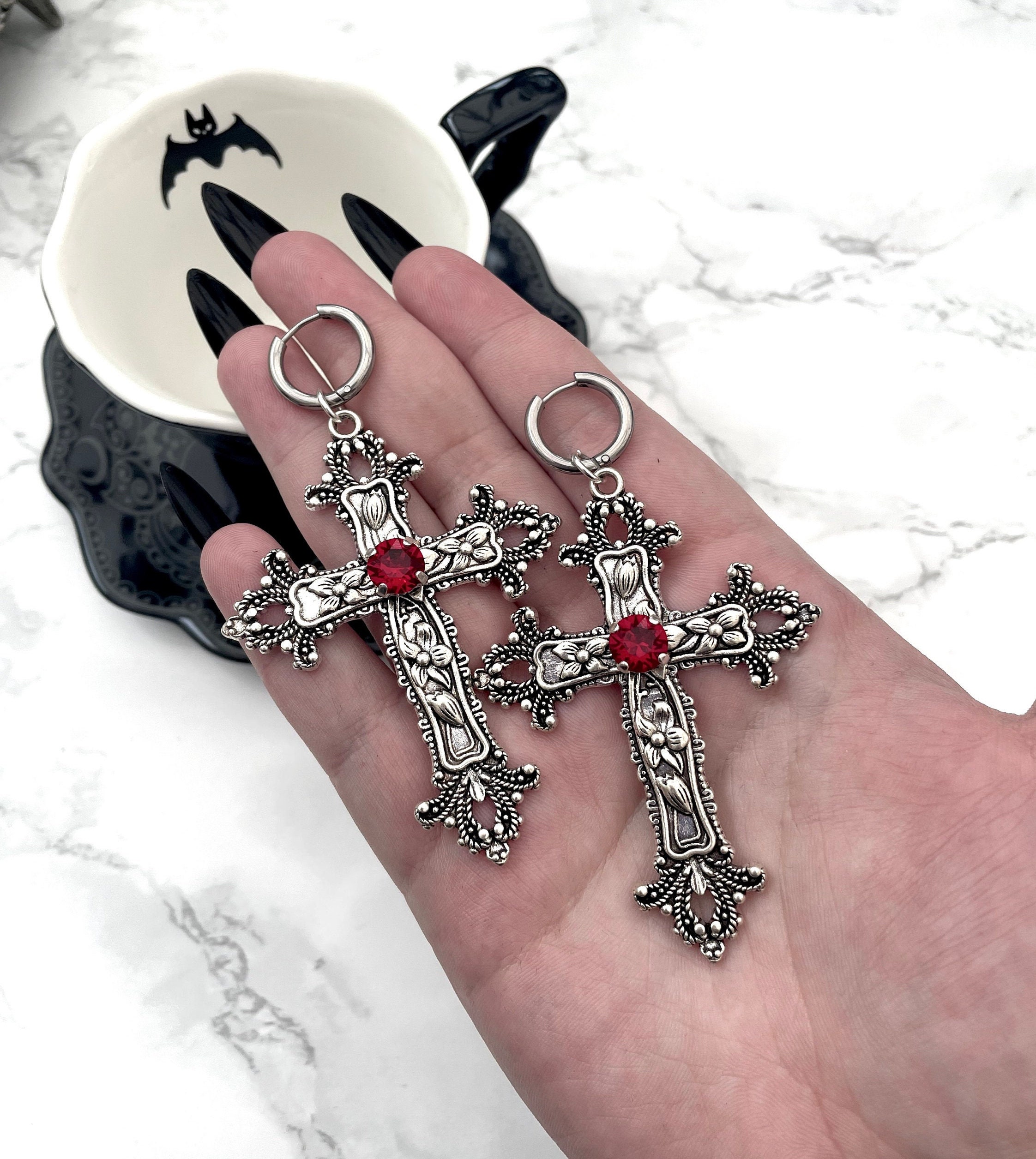 Large Silver Tone Gothic Jewel Cross Earrings Cross Earrings