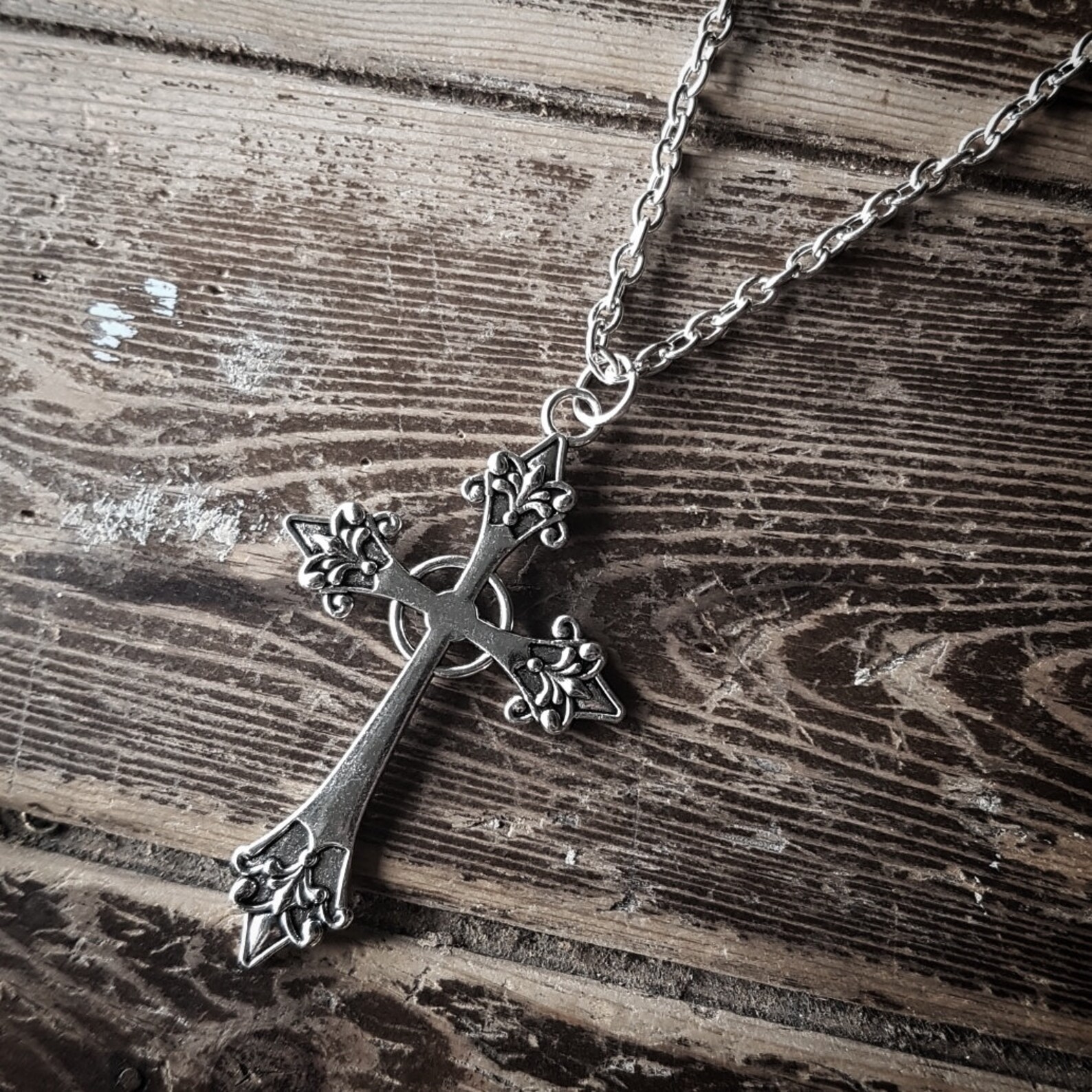 Large Detailed Silver Tone Cross Pendant Necklace Etsy UK