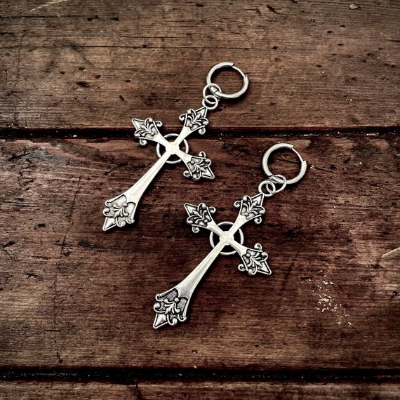 Large Silver Tone Earrings Gothic Cross Earrings Large Cross