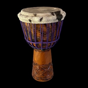Large Mahogany Djembe – 12&quot; Head – 24&quot; Tall – Purple Rope – Built by Doug Libby – Bass Drum - Deep Tones and Rich Overtones - Free Shipping!