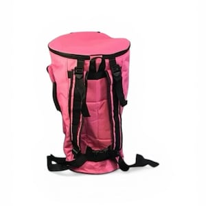 May include: A pink backpack with black straps and buckles. The backpack has a rounded top and a rectangular body. The straps are adjustable, and the bag appears to be made of a durable material. The background is white.