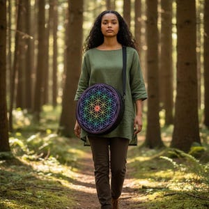 May include: A person wearing an olive green tunic and brown pants walks through a forest, carrying a black round bag with a colorful geometric design. The bag has a black shoulder strap.
