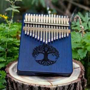 17 Key Kalimba Thumb Piano- Tree of Life, Blue Finger Hand Piano Mahogany Keyboard Music Instrument