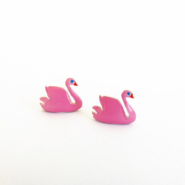 Pink Swan Earrings Enamel Jewelry Sterling Silver Bird Stud Earrings Animal Jewelry Birthday Gift Kids Teens Women Fun Whimsical Cute