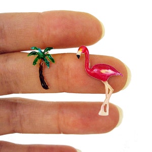 Flamingo Earrings Palm Tree Earrings Sterling Silver Mismatched Stud Earrings Tropical Bird Earrings Enamel Earrings for Women Teens Gifts image 2