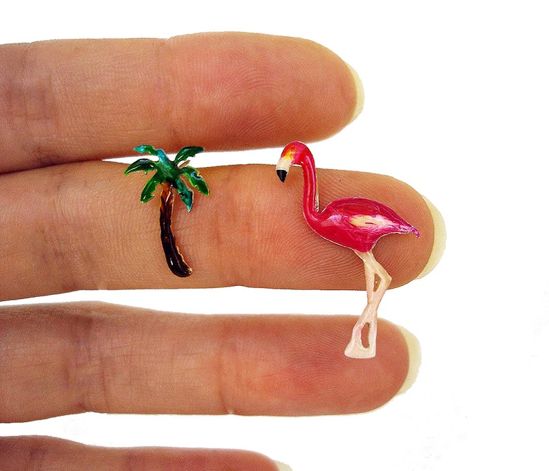 Flamingo Earrings Palm Tree Earrings Sterling Silver Mismatched Stud Earrings Tropical Bird Earrings Enamel Earrings for Women Teens Gifts image 2