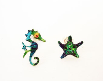 Seahorse Earrings Starfish Earrings  Sterling Silver Enamel Earrings Mismatched Stud Earrings Beach Earrings Ocean Jewelry Gift for her