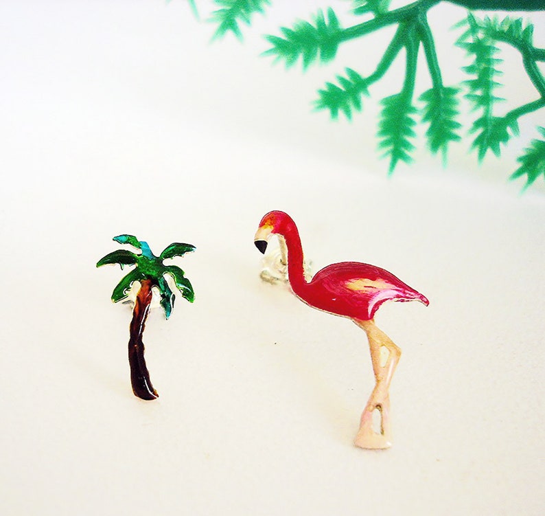 Flamingo Earrings Palm Tree Earrings Sterling Silver Mismatched Stud Earrings Tropical Bird Earrings Enamel Earrings for Women Teens Gifts image 1