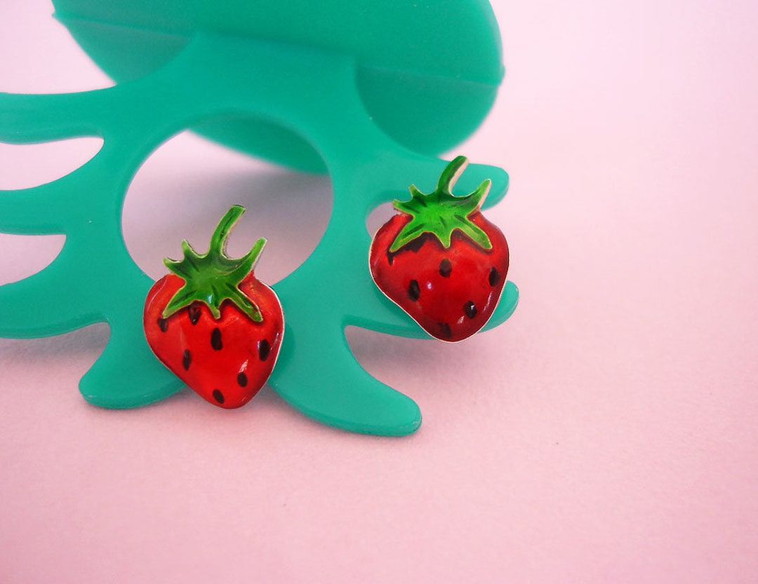 Strawberry Earrings Sterling Silver Enamel Fruit Earrings Etsy