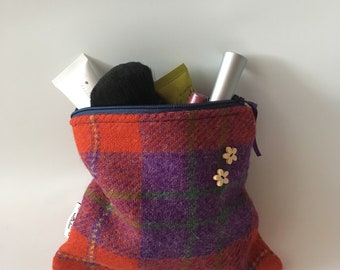 Quality Handmade red and purple tartan Harris Tweed Makeup Bag, Mother’s Day, Christmas, Birthdays, Bridesmaid, Daughter