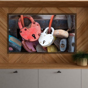 Könnte beinhalten: Nahaufnahme einer Sammlung von Vorhängeschlössern, darunter zwei herzförmige. Eines ist rot, das andere weiß. Die Schlösser sind an einer Metallkonstruktion befestigt, wobei verschiedene Farben und Formen sichtbar sind. Das Bild erinnert an Liebe und Sicherheit.