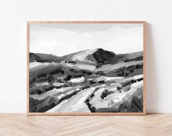 Utah Mountain Art Print – Black and White Landscape Wall Art, Ski Lodge Home Decor, Scenic Monochromatic Painting, Modern Black White Art