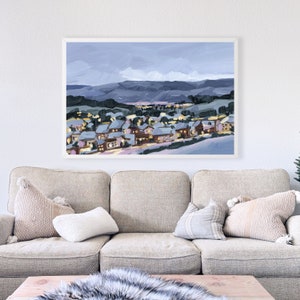 large abstract blue mountain painting