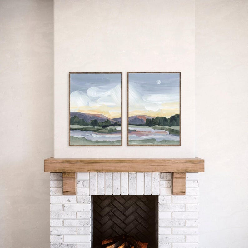 Mountain Landscape Art Print Set: Moonlit Pond Vermont Painting image 6