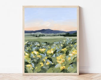 Impressão artística de paisagem de montanha em Utah: pintura de campo de flores silvestres amarelas