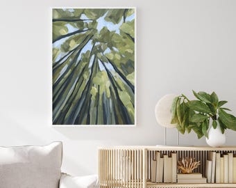 Green Forest Wall Art Print - Tree Landscape Painting, Woodland Nature Decor for Living Room