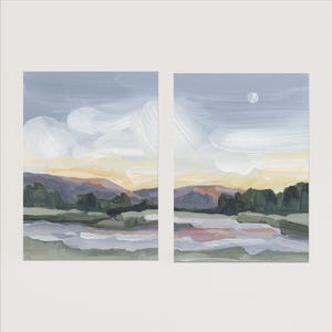 two paintings of a landscape with mountains in the background