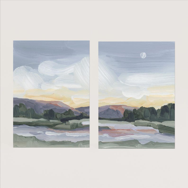two paintings of a landscape with mountains in the background