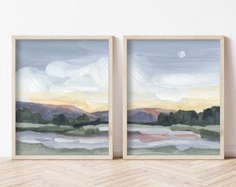 Mountain Landscape Art Print Set: Moonlit Pond Vermont Painting