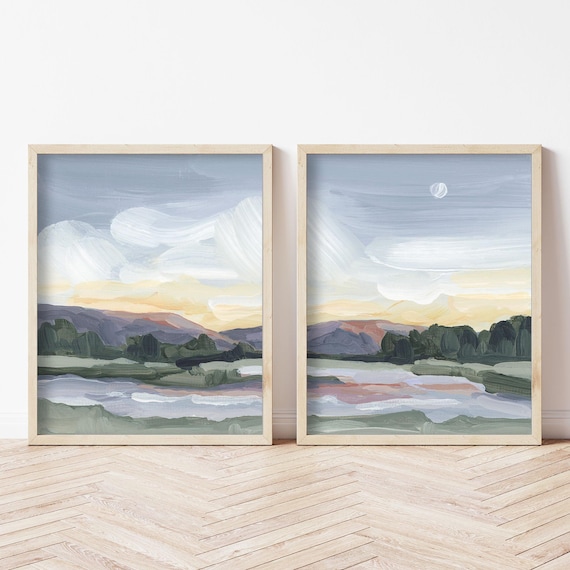 Mountain Landscape Art Print Set: Moonlit Pond Vermont Painting