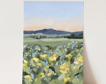 Impressão artística de paisagem de montanha em Utah: pintura de campo de flores silvestres amarelas