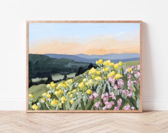Impressão artística de flores silvestres: pintura de paisagem de montanha em Utah