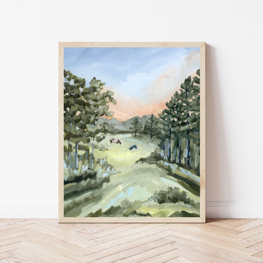 Farmhouse Art Print Homestead Landscape Painting, Sheep Farm Wall Decor