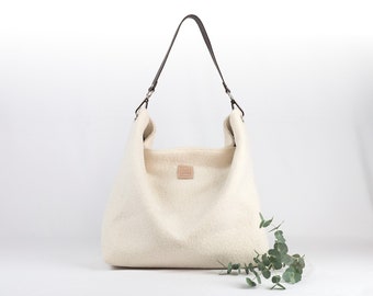 Hobo bag for women with leather strap, Large slouchy bag of ivory wool, gift for woman.