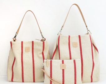 Striped canvas hobo bag in red and beige with removable strap. Summer vacation bag. Large, medium size and Clutch with Wristlet Strap.
