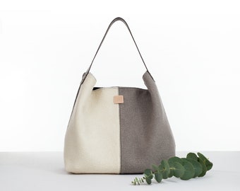 Schulter-Hobo mit Ledergriff. Wintertasche für Damen. Minimalistischer Hobo mit Reißverschluss, Wollstoff, Elfenbein, Taupe, Braun und Schwarz.