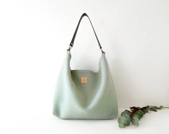 Lightweight slouchy shoulder bag. Sturdy hobo handbag. Wool purse for winter. Light green handbag.