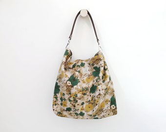 Boho shoulder bag with leather strap, floral print bag for summer, zippered bag, yellow and green hobo handbag.