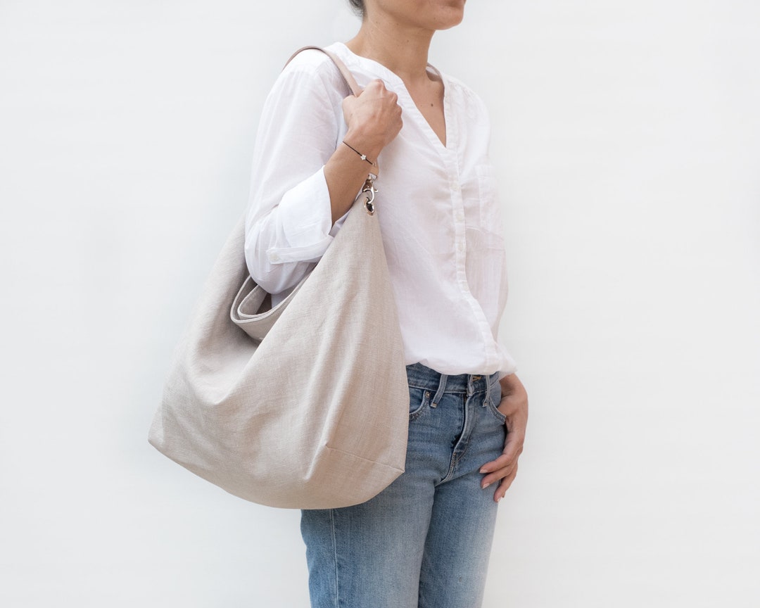 Lightweight Summer Hobo Bag in Beige Linen With Natural