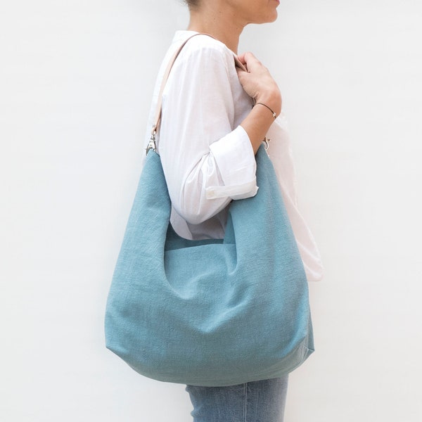 Linen and leather hobo bag . Summer lightweight hobo bag in bluish green. Casual hobo with leather strap.