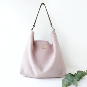 Large pink hobo bag.  Lightweight shoulder handbag. Wool slouchy hobo bag with leather strap.