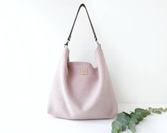 Large pink hobo bag.  Lightweight shoulder handbag. Wool slouchy hobo bag with leather strap.