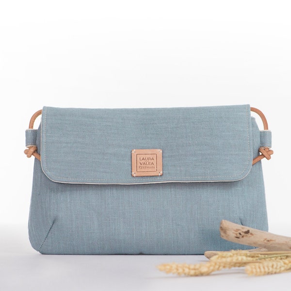 Blue linen crossbody bag, Crossover bag with flap, Small ang lighyweight bag for everyday, Linen purse, Leather strap.