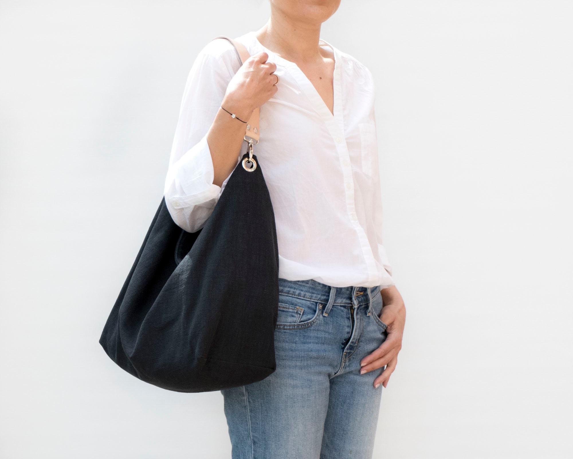 Large Black Hobo Bag With Leather Strap. Linen Hobo Bag for