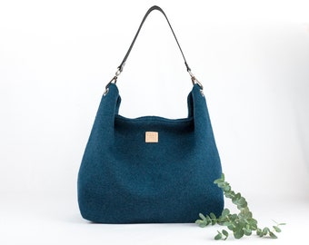 Zippered cobalt blue hobo bag. Large wool slouchy handbag with leather strap. Simple style hobo purse.