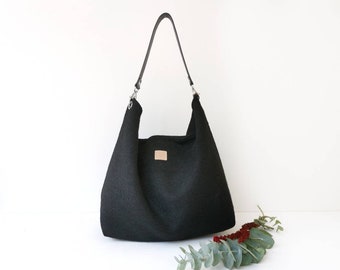 Black hobo bag. Large and lightweight shoulder handbag. Wool hobo purse with leather strap.