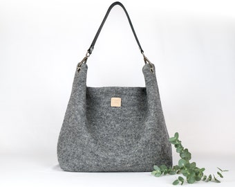 Minimalist handbag. Light grey wool hobo bag. Large and lightweight shoulder bag with genuine leather strap.