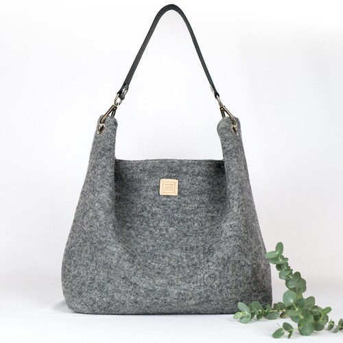 Grey Hobo Handbag With Genuine Leather Strap. Large Slouchy - Etsy