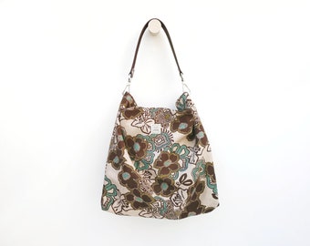 Lightweight floral printed hobo bag with leather strap. Large or medium handbag. Boho style bag for vacation. Casual summer purse for woman.