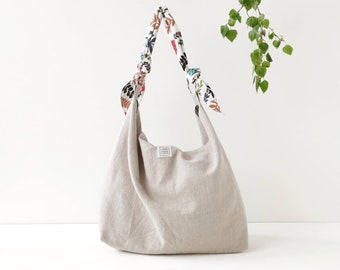 Reversible beige linen hobo bag. Shoulder bag with flower fabric print. Women summer bag.