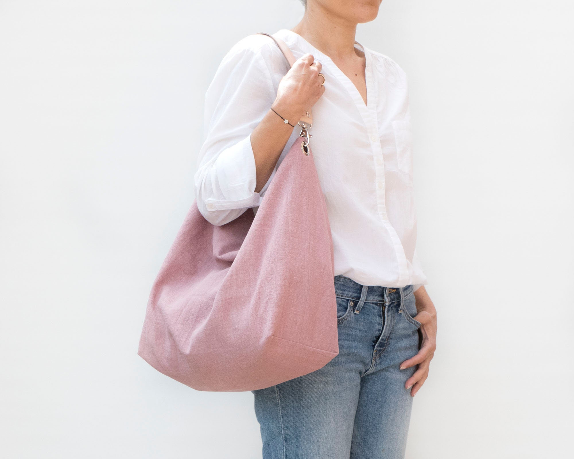 Light Pink Striped Cotton Canvas Shoulder Strap Mini Bucket Bag With  Interior Pouch