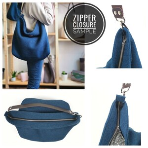 May include: A blue felt tote bag with a zipper closure and a brown leather strap. The bag is shown from different angles, including a close-up of the zipper.