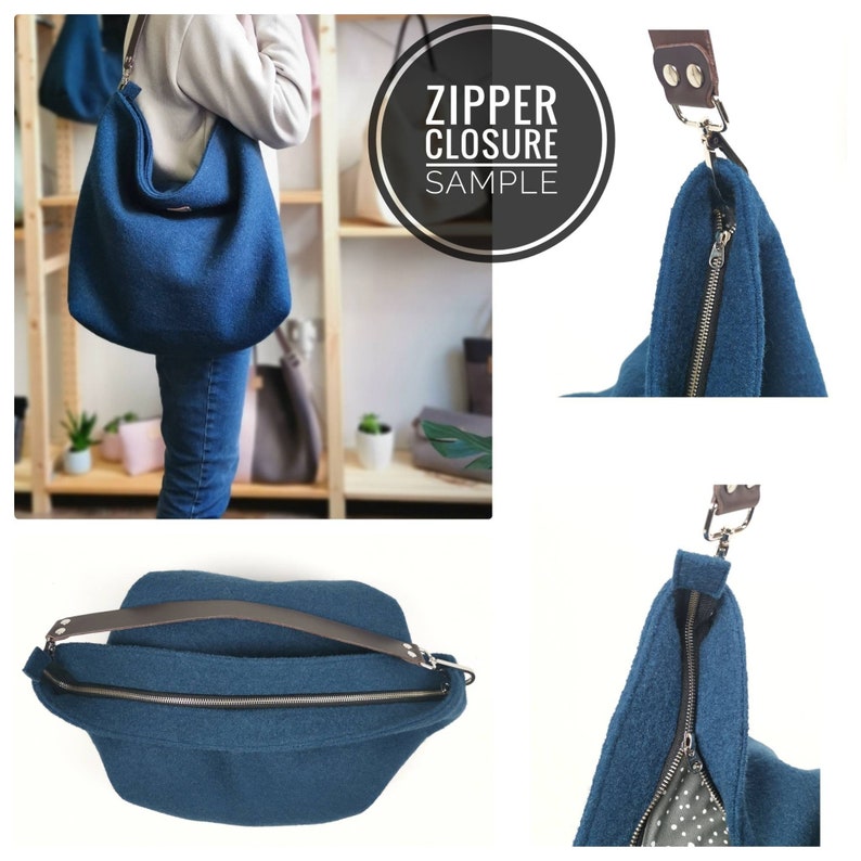 May include: A blue felt tote bag with a zipper closure and a brown leather strap. The bag is shown from different angles, including a close-up of the zipper.