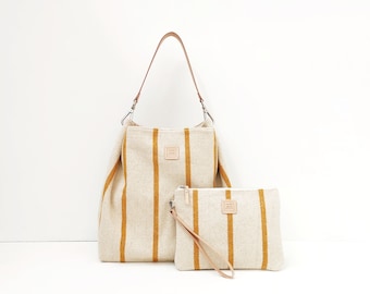 Minimalist Canvas hobo bag with leather strap. Yellow and beige striped shoulder bag. Medium everyday purse,optinal wristlet clutch bag.