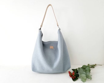 Light blue shoulder bag. Large hobo handbag. Wool slouchy hobo bag with leather strap.