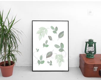 Leaf Printable Art, Instant Download Poster Art, Green Abstract Wall Art, Nature Botanical Art
